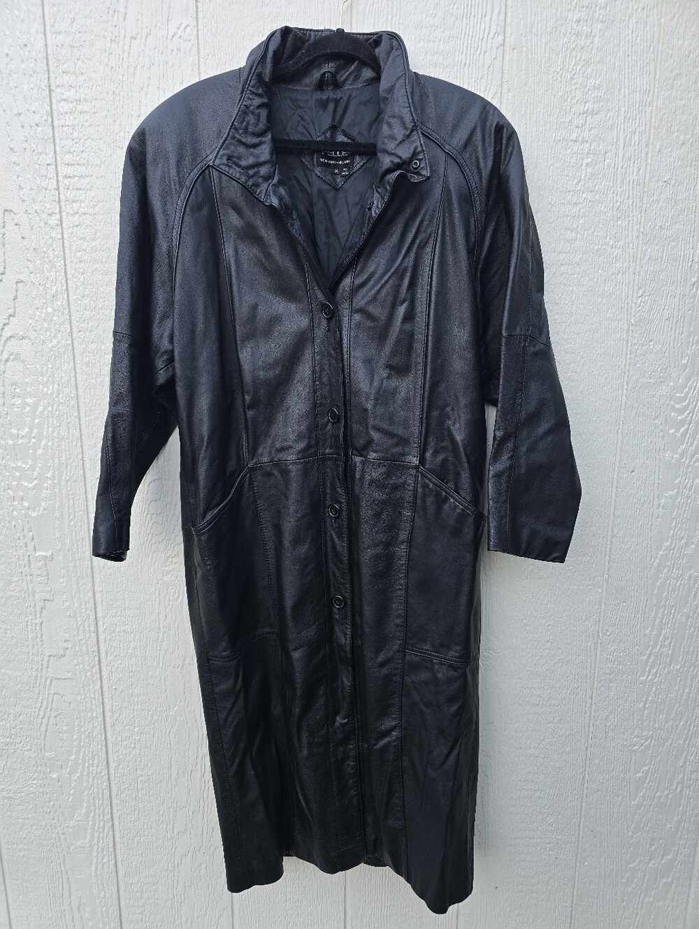 Vintage Pelle Leather Trench Coat Black 90s Button Front Lined Pockets M